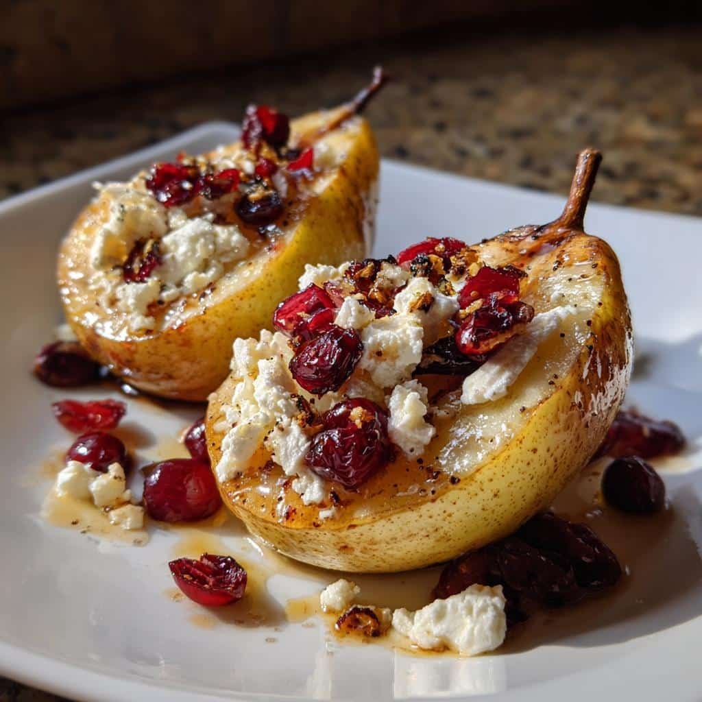 baked pears with feta honey and cranberries - detail 1