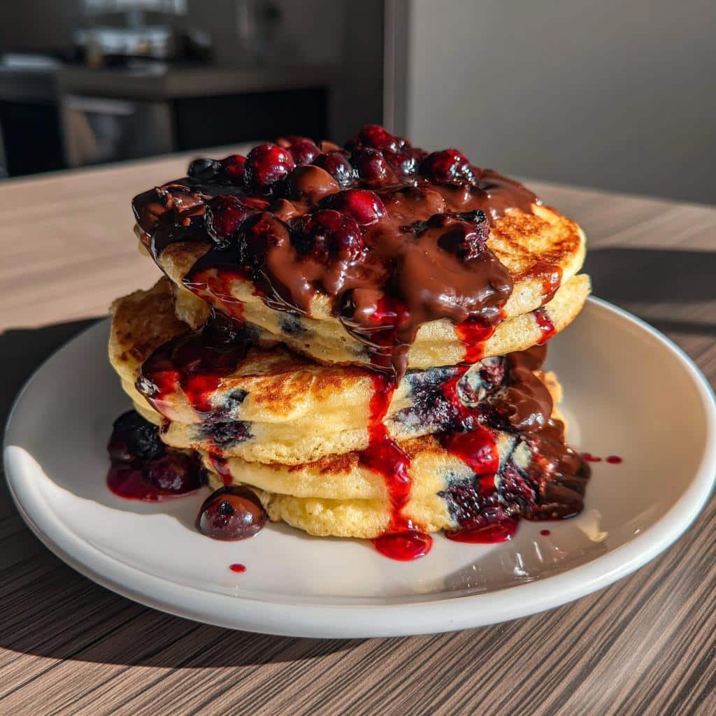 blueberry pancakes with chocolate ganache and berry sauce - detail 1