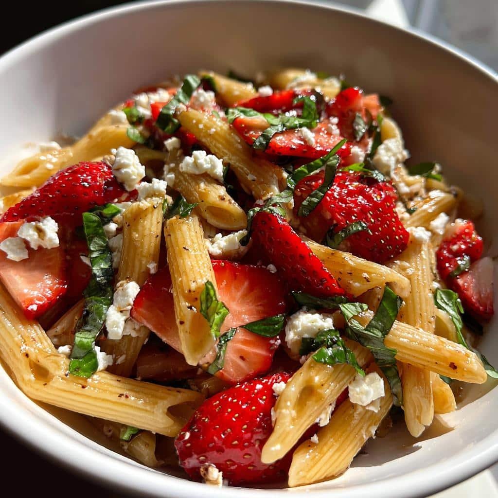 creamy strawberry feta pasta salad - detail 1