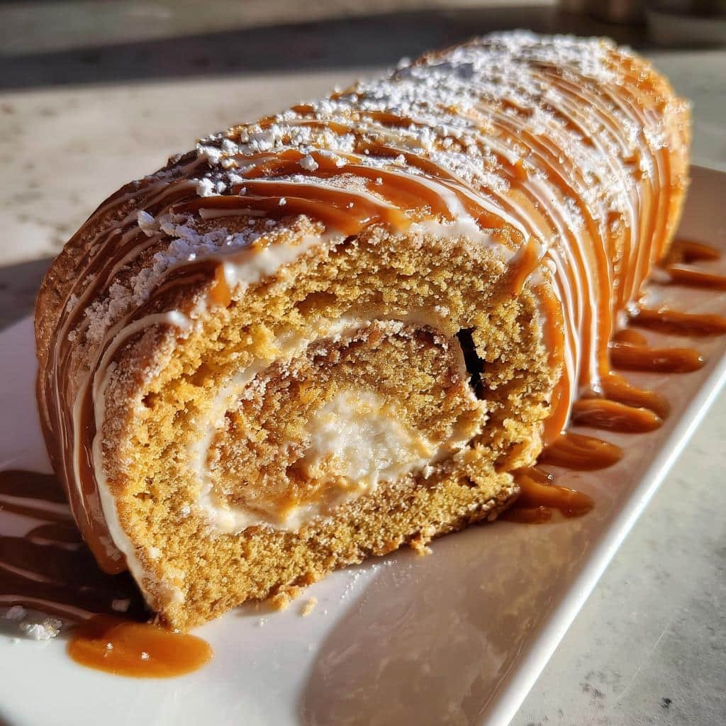 pumpkin caramel spice cake roll with cinnamon glaze - detail 1