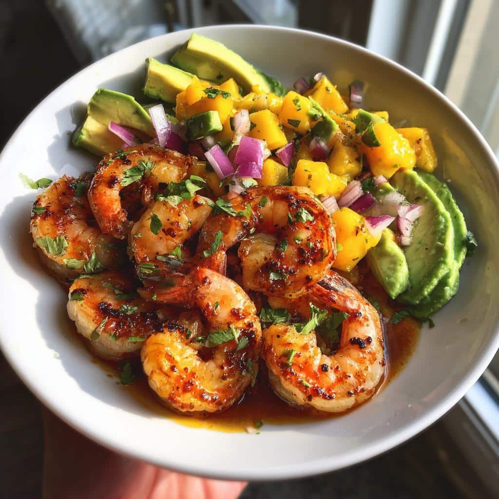 shrimp and avocado bowls with mango salsa lime chili sauce - detail 1