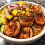 shrimp and avocado bowls with mango salsa lime chili sauce