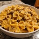 bowtie pasta with creamy velveeta beef sauce