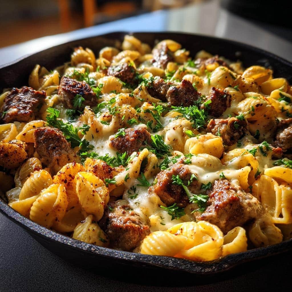 30-Minute Cajun Steak Bites & Cheesy Garlic Shells Skillet 3 cajun steak bites and cheesy garlic shells skillet - detail 1