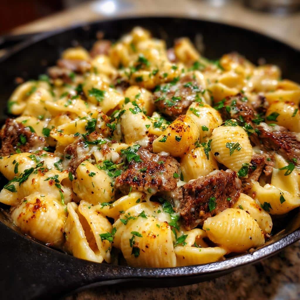Cajun Steak Bites and Cheesy Garlic Shells Skiltest: 30-Minute Flavor Explosion 3 cajun steak bites and cheesy garlic shells skillet - detail 1