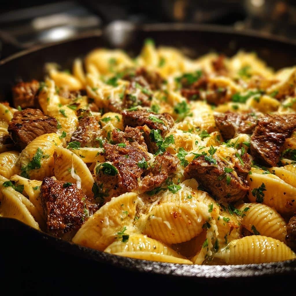 cajun steak bites and cheesy garlic shells skillet