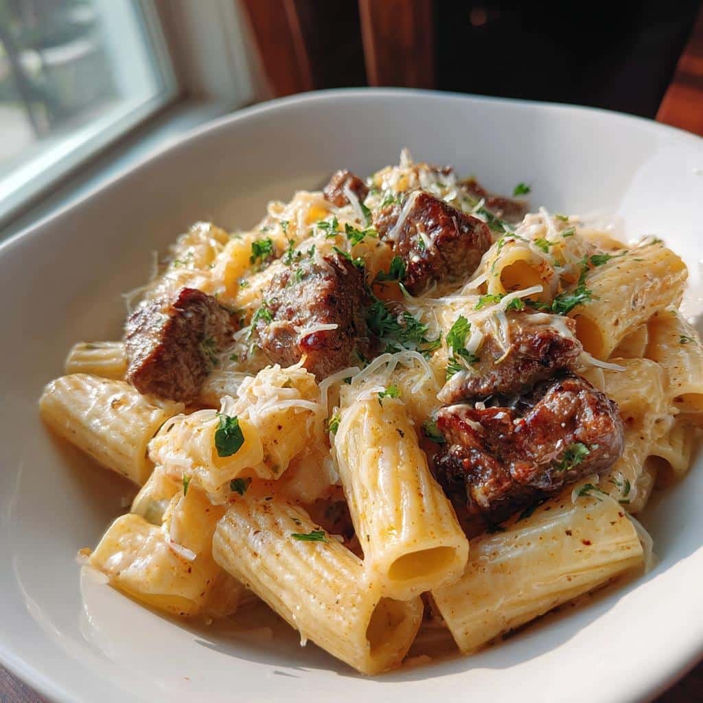 30-Minute Cajun Steak Tips in Cheesy Rigatoni Parmesan Bliss 3 cajun steak tips in cheesy rigatoni parmesan sauce - detail 1