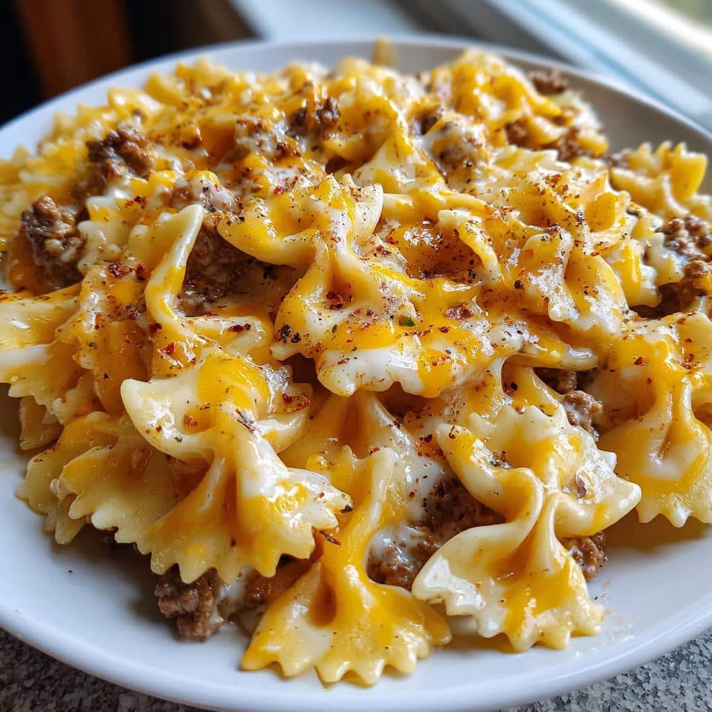 30-Minute Cheesy Bowtie Pasta with Ground Beef - Irresistible Comfort 3 cheesy bowtie pasta with ground beef - detail 1