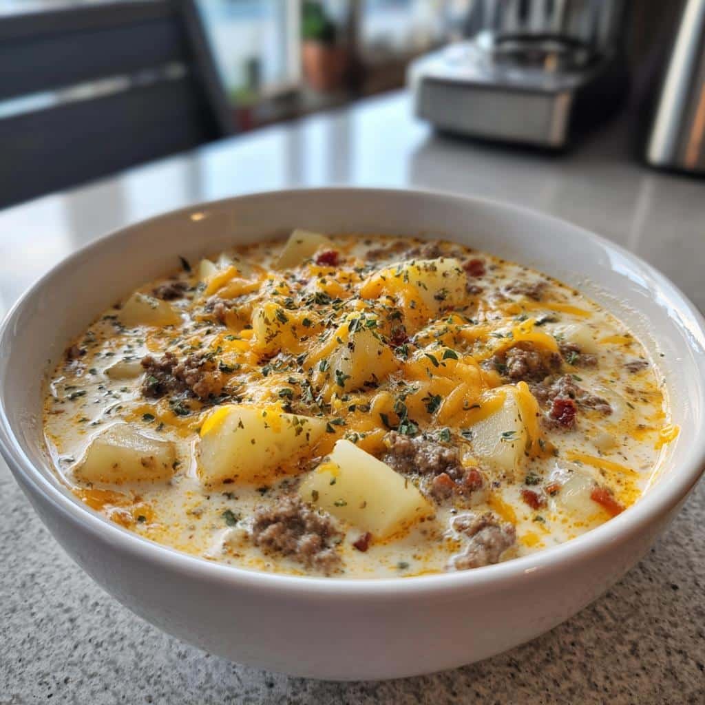35-Minute Cheesy Hamburger Potato Soup - Irresistibly Creamy Comfort 3 cheesy hamburger potato soup - detail 1