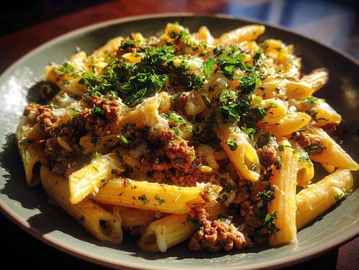 30-Minute Cheesy Penne with Garlic Butter Ground Beef Bliss 3 cheesy penne with garlic butter ground beef - detail 1