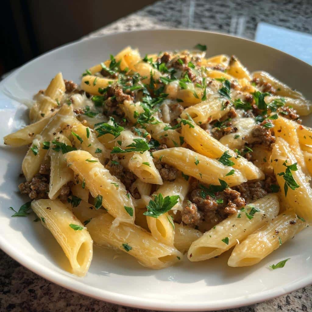 25-Minute Cheesy Penne with Garlic Butter Ground Beef Bliss 3 cheesy penne with garlic butter ground beef - detail 1