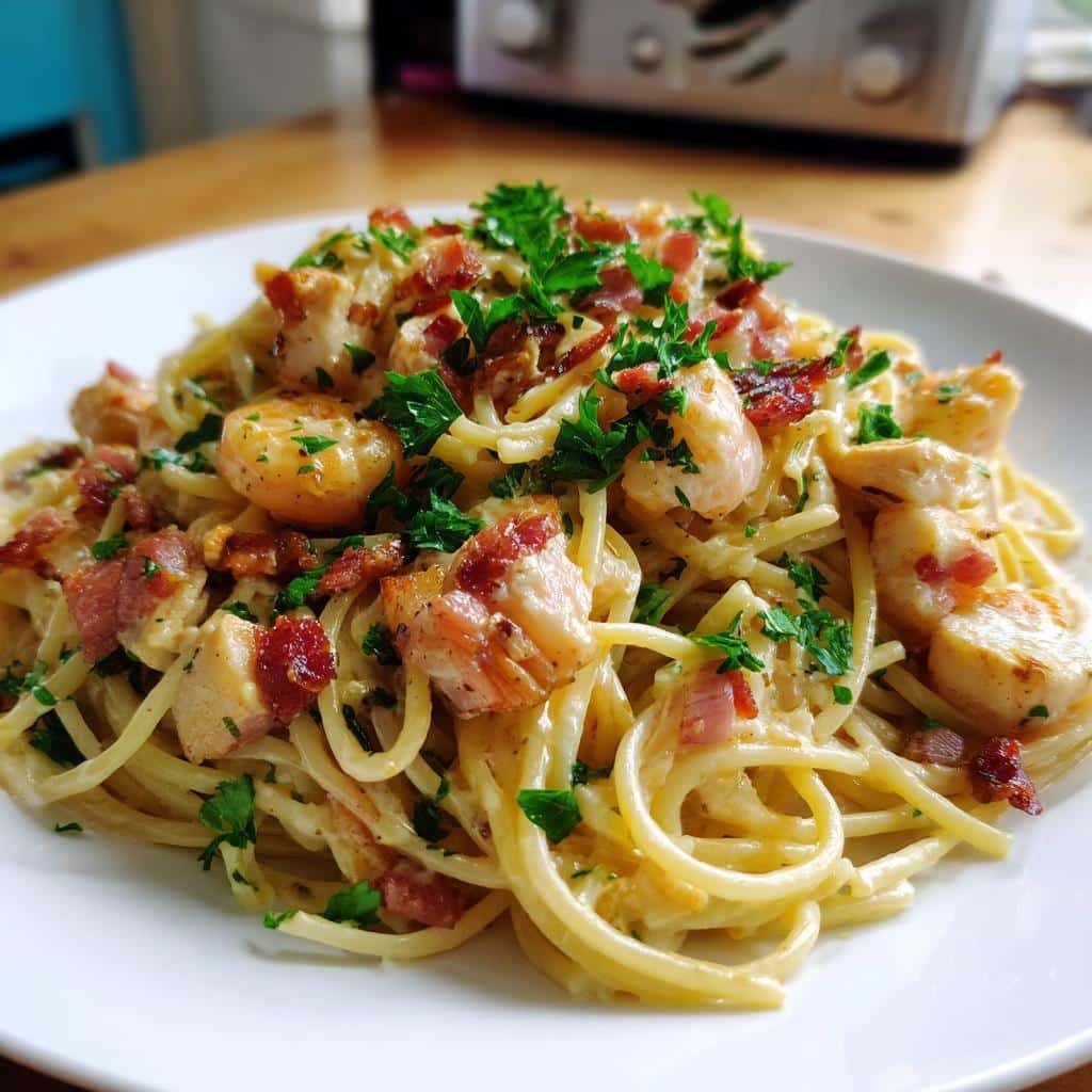 Creamy Chicken and Shrimp Carbonara in 35 Minutes 3 chicken and shrimp carbonara - detail 1