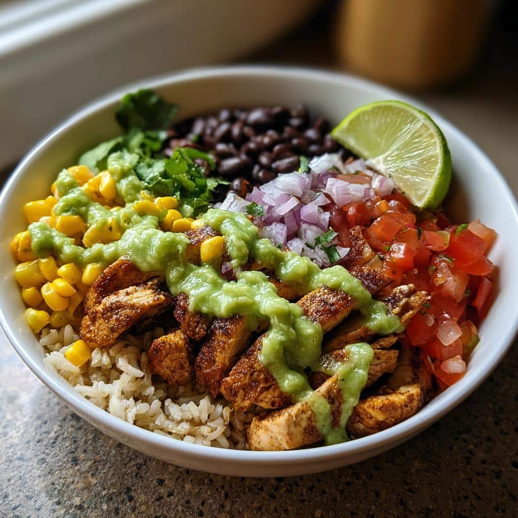 chicken burrito bowl with guac lime - detail 1