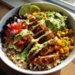 chicken burrito bowl with guac lime