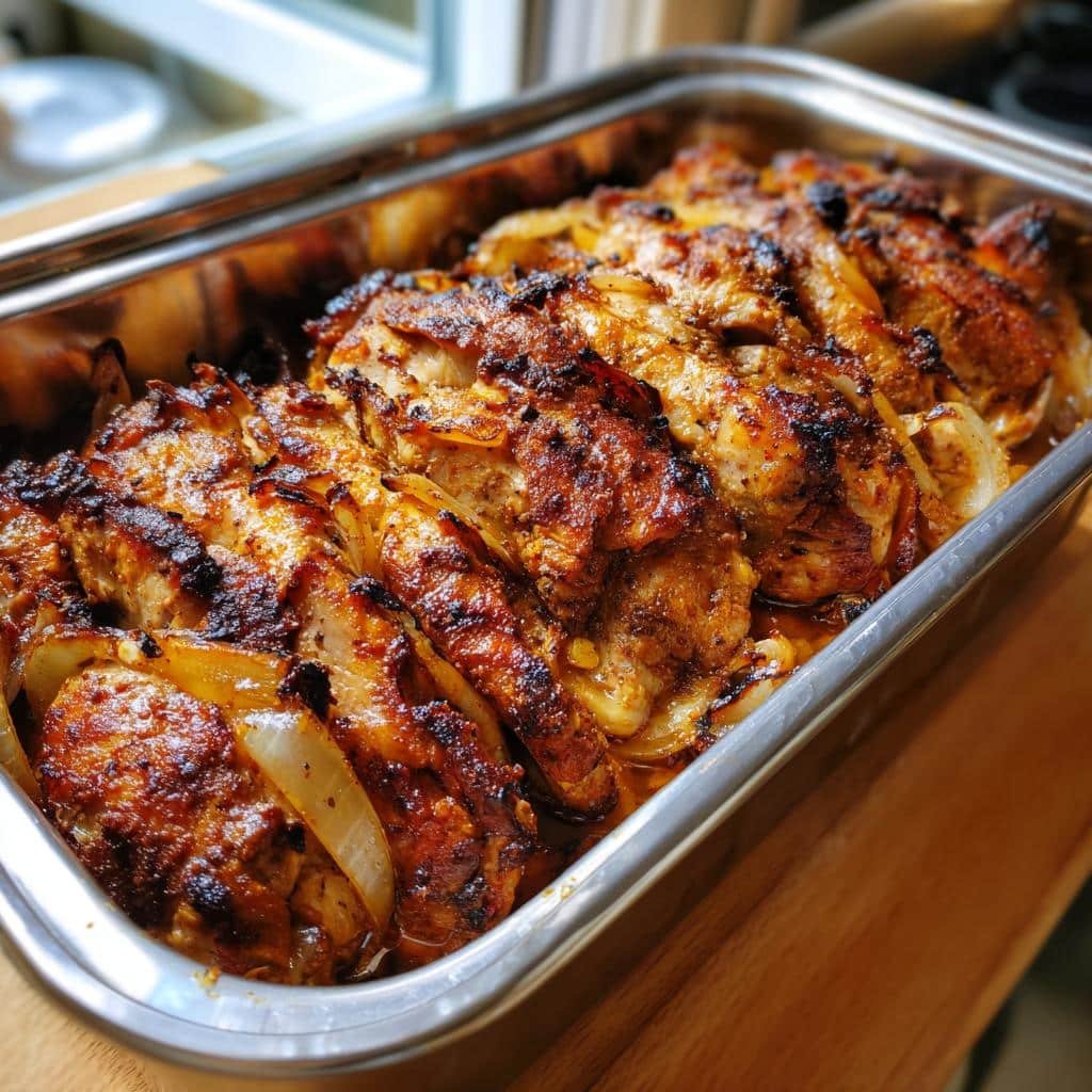 chicken shawarma in a loaf pan - detail 1