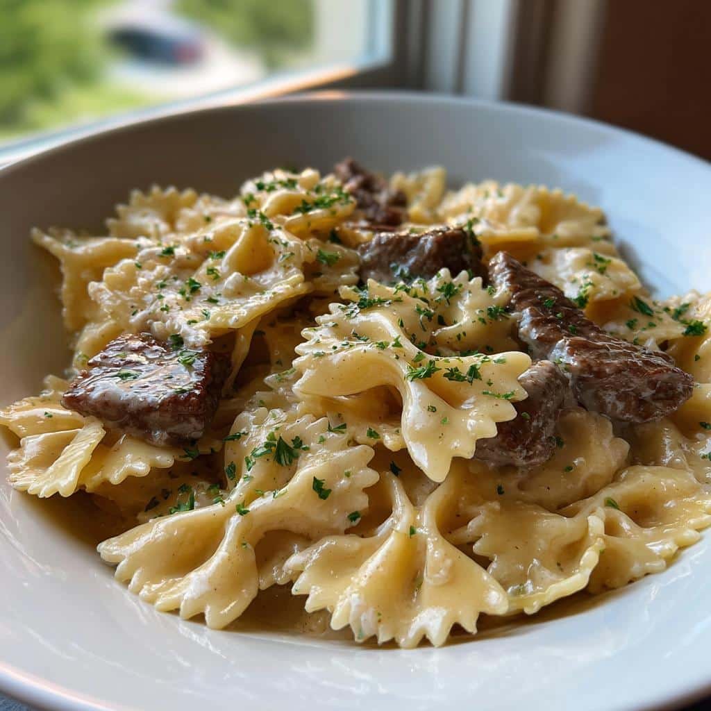 creamy beef bowtie pasta with garlic parmesan sauce - detail 1