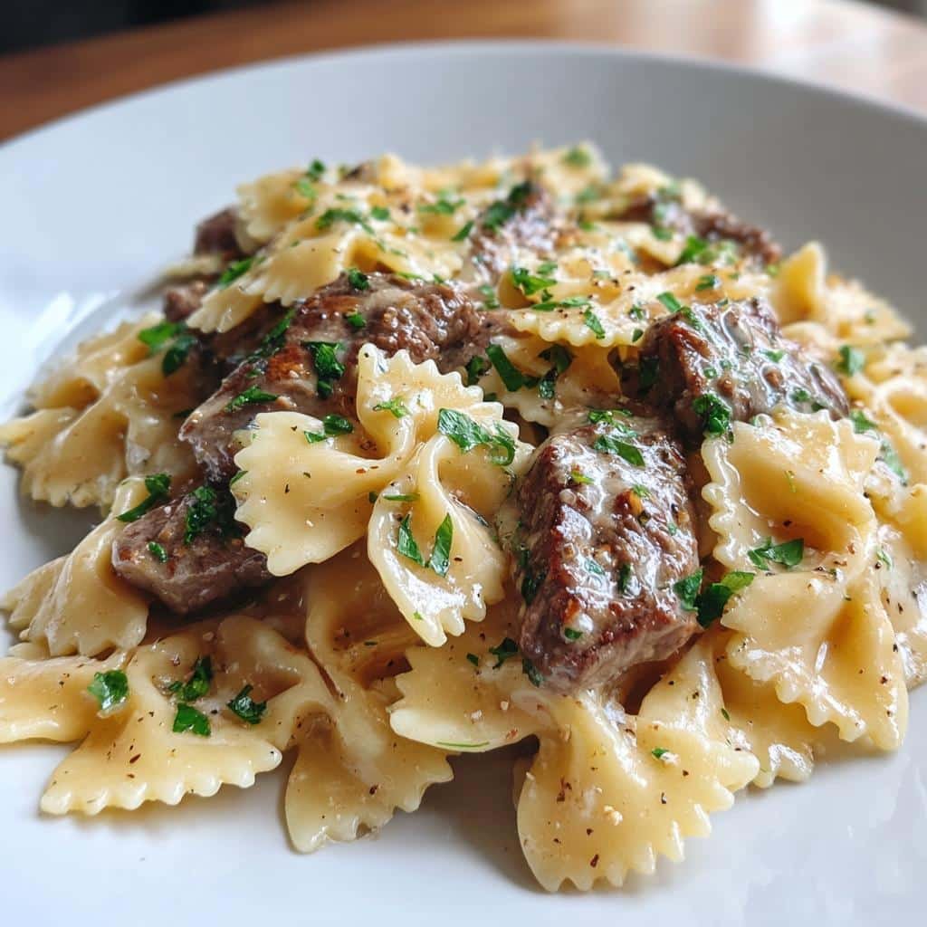 30-Minute Creamy Beef Bowtie Pasta with Garlic Parmesan Sauce Bliss 3 creamy beef bowtie pasta with garlic parmesan sauce - detail 1