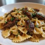 creamy beef bowtie pasta with garlic parmesan sauce