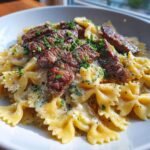creamy beef bowtie pasta with garlic parmesan sauce
