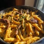 creamy cajun steak cheddar penne skillet