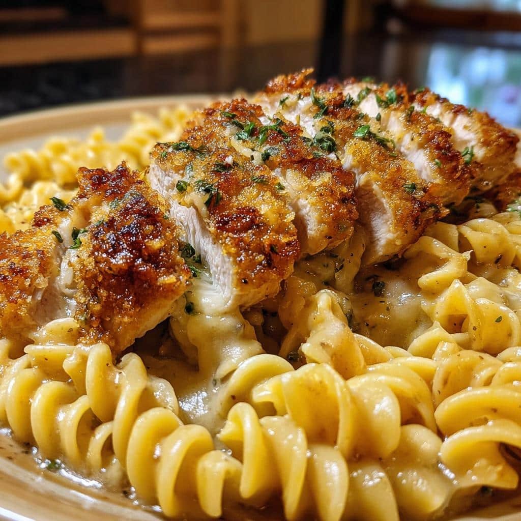 creamy garlic parmesan chicken with cheesy twisted pasta - detail 1