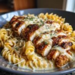 creamy garlic parmesan chicken with cheesy twisted pasta