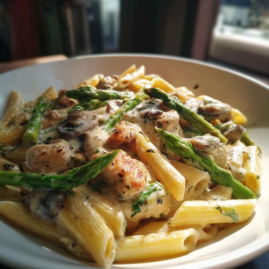 creamy mushroom and asparagus chicken penne - detail 1