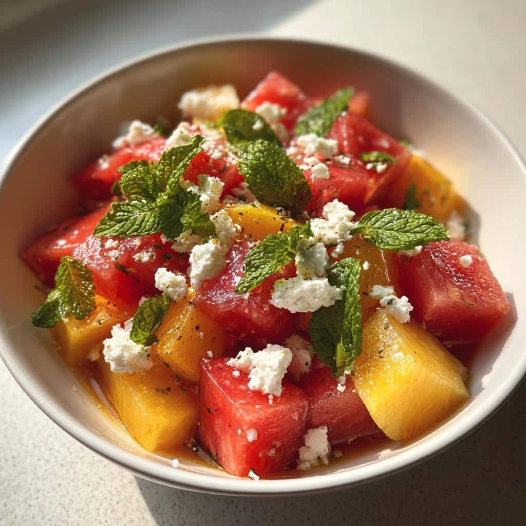 easy summer peach watermelon salad - detail 1
