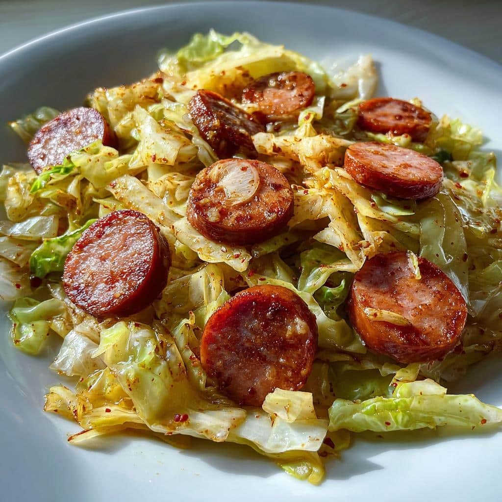25-Minute Fried Cabbage with Shrimp Sausage - Irresistible Flavor! 3 fried cabbage with shrimp sausage - detail 1