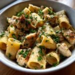 garlic butter chicken rigatoni in creamy parmesan sauce
