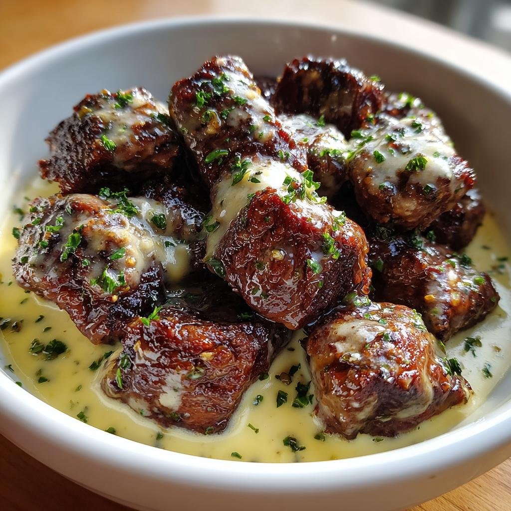 garlic butter steak bites with parmesan cream sauce - detail 1
