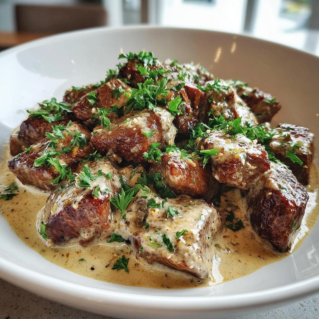 garlic butter steak bites with parmesan cream sauce