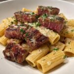 garlic butter steak parmesan rigatoni