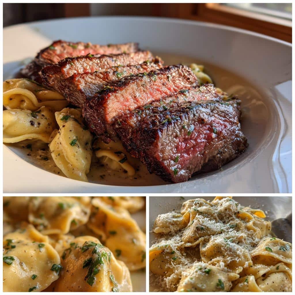 garlic butter steak with cheesy alfredo tortellini - detail 1