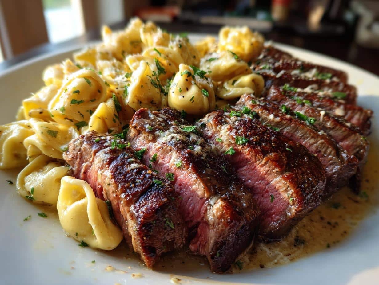 garlic butter steak with cheesy alfredo tortellini - detail 1