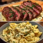 garlic butter steak with cheesy alfredo tortellini
