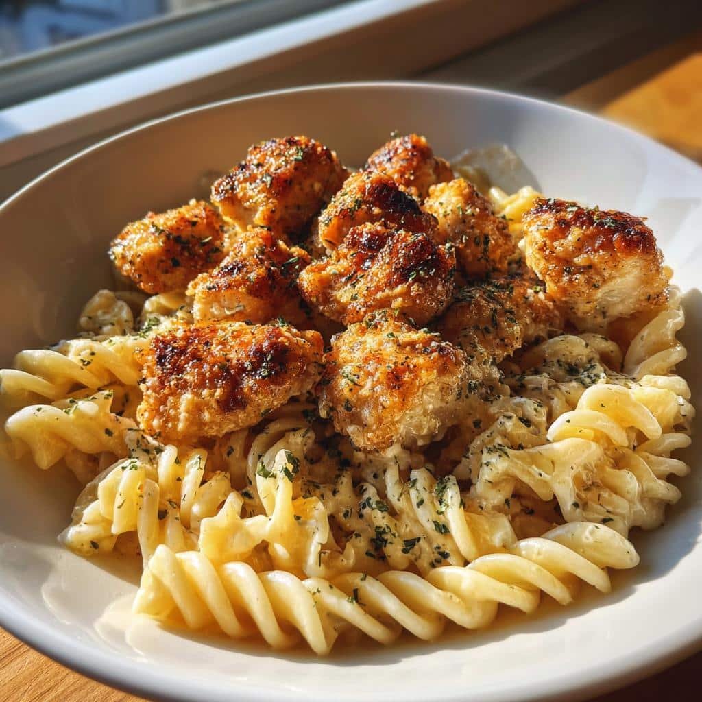 garlic parmesan chicken bites with creamy rotini