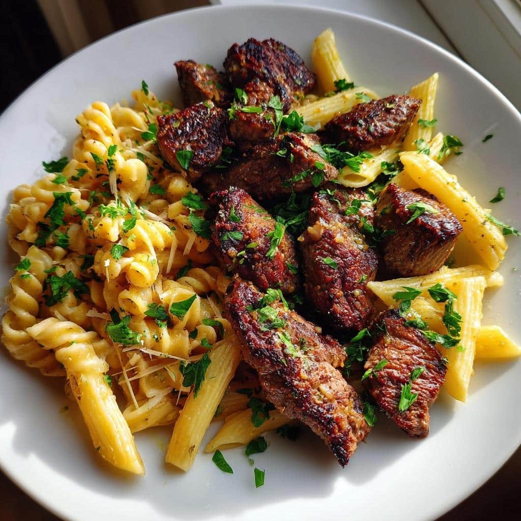 25-Minute Garlic Parmesan Steak Bites with Cajun Twisted Pasta Bliss 3 garlic parmesan steak bites with cajun twisted pasta - detail 1