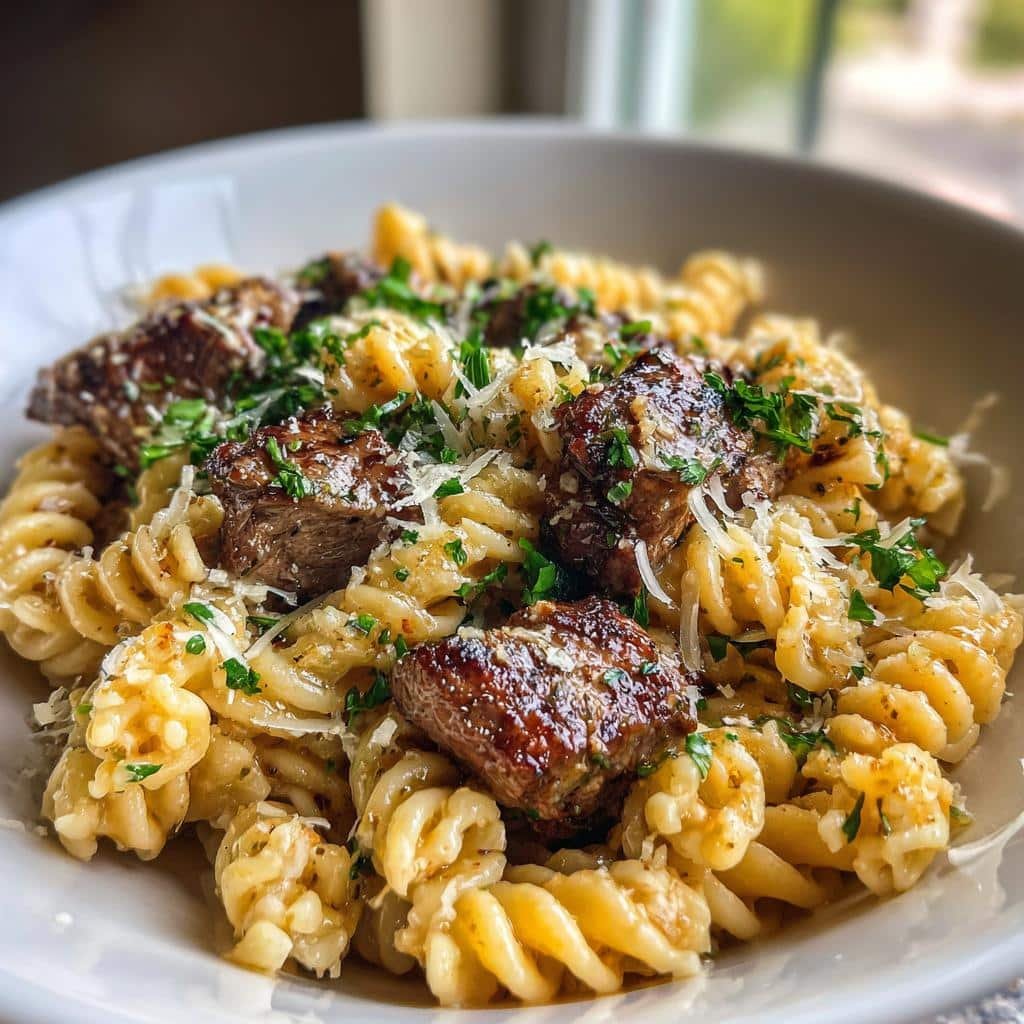 garlic parmesan steak bites with cajun twisted pasta - detail 1