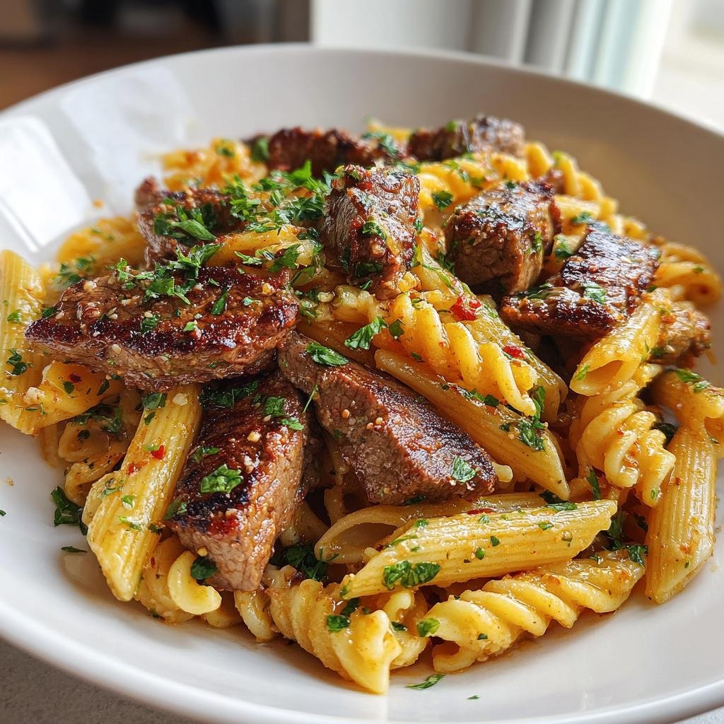 garlic parmesan steak bites with cajun twisted pasta