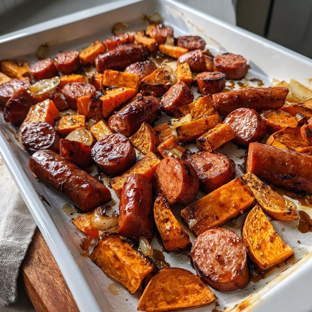 irresistible sheet pan sausage and sweet potatoes with honey garlic sauce - detail 1