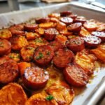 irresistible sheet pan sausage and sweet potatoes with honey garlic sauce