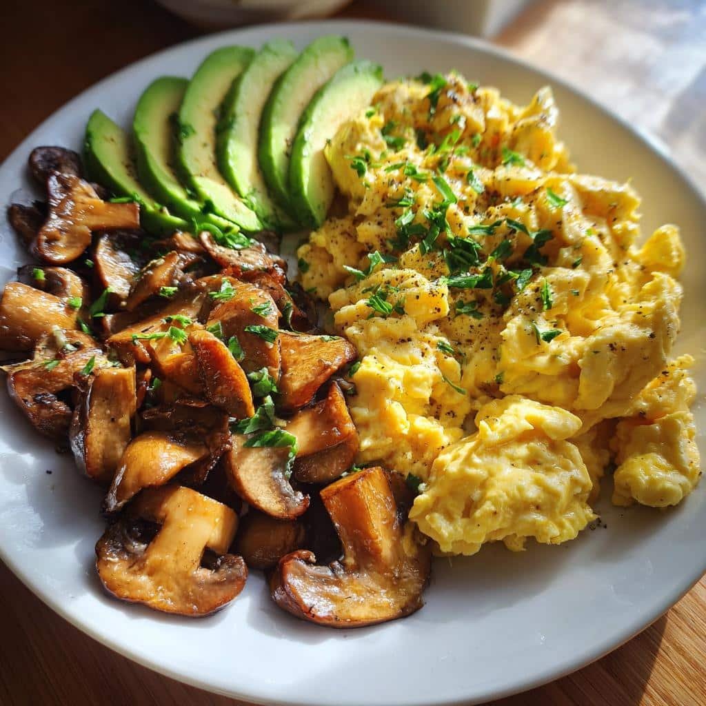 15-Minute Keto Breakfast Plate with Creamy Eggs & Avocado Bliss 3 keto breakfast plate with creamy scrambled eggs mushrooms avocado - detail 1