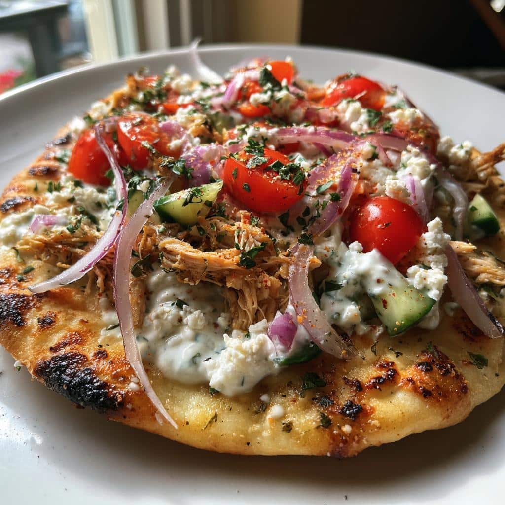mediterranean tzatziki chicken naan pizza