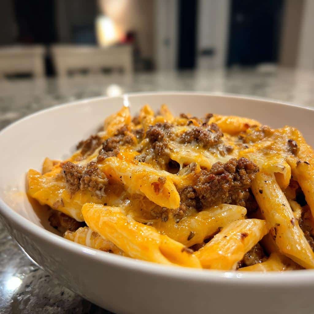 25-Minute One Pot Cheesy Beef Garlic Penne - Irresistible Comfort 3 one pot cheesy beef garlic penne - detail 1