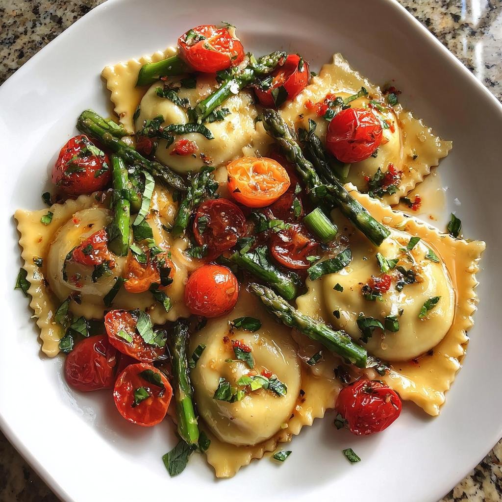 ravioli with tomatoes asparagus garlic and herbs - detail 1