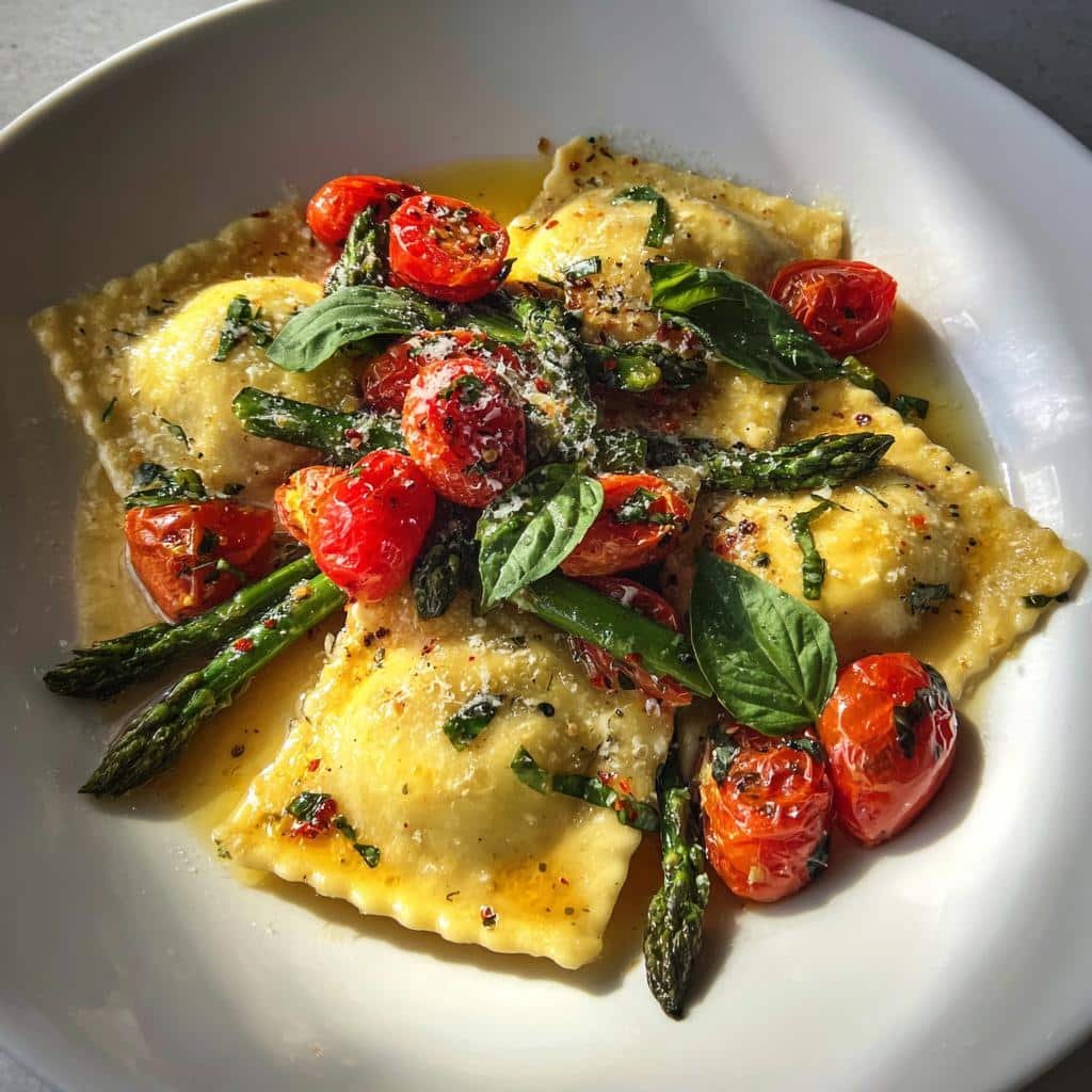 25-Minute Ravioli with Tomatoes Asparagus Garlic - Heavenly Bite 3 ravioli with tomatoes asparagus garlic and herbs - detail 1