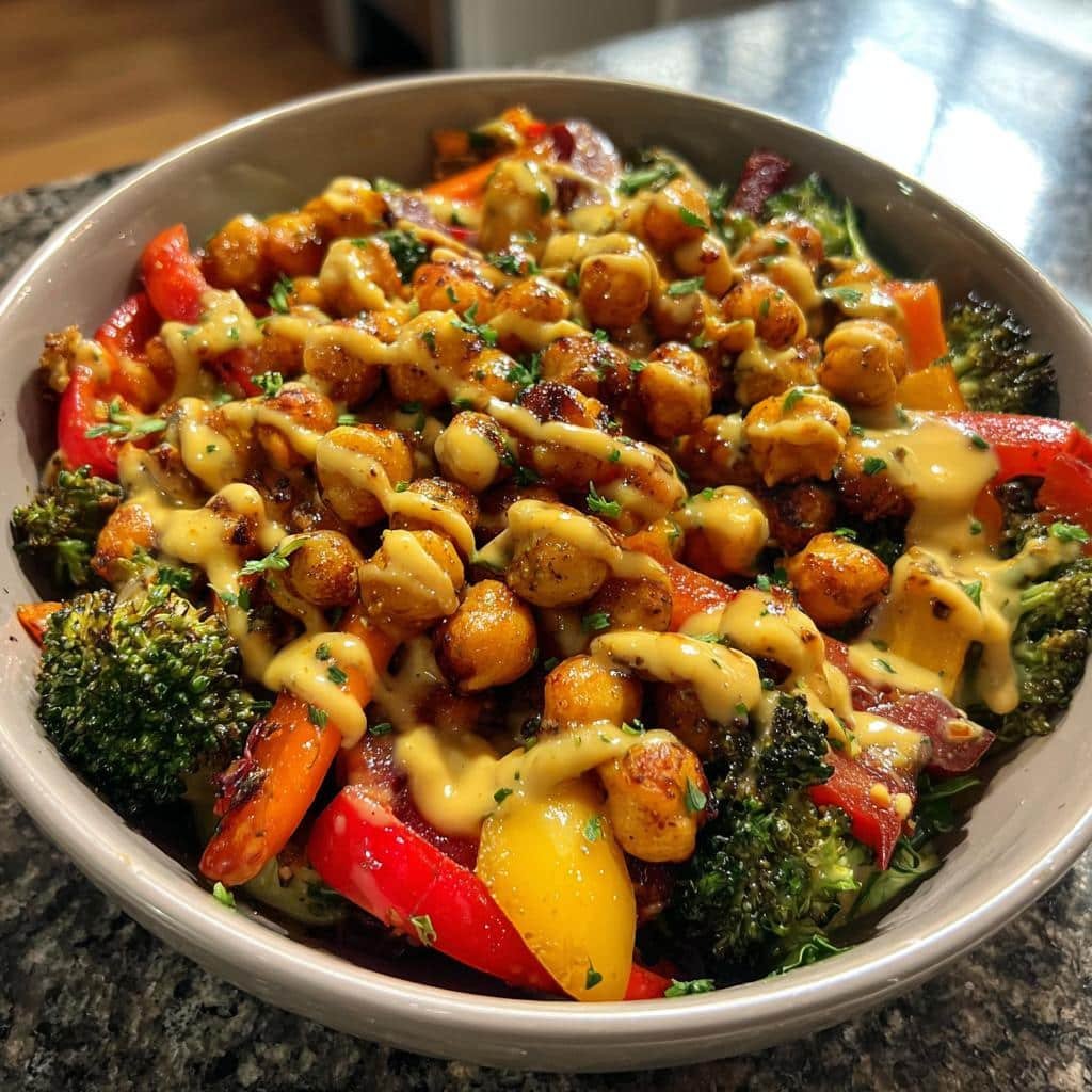 roasted veggie chickpea bowls with maple dijon tahini dressing - detail 1