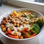 roasted veggie chickpea bowls with maple dijon tahini dressing