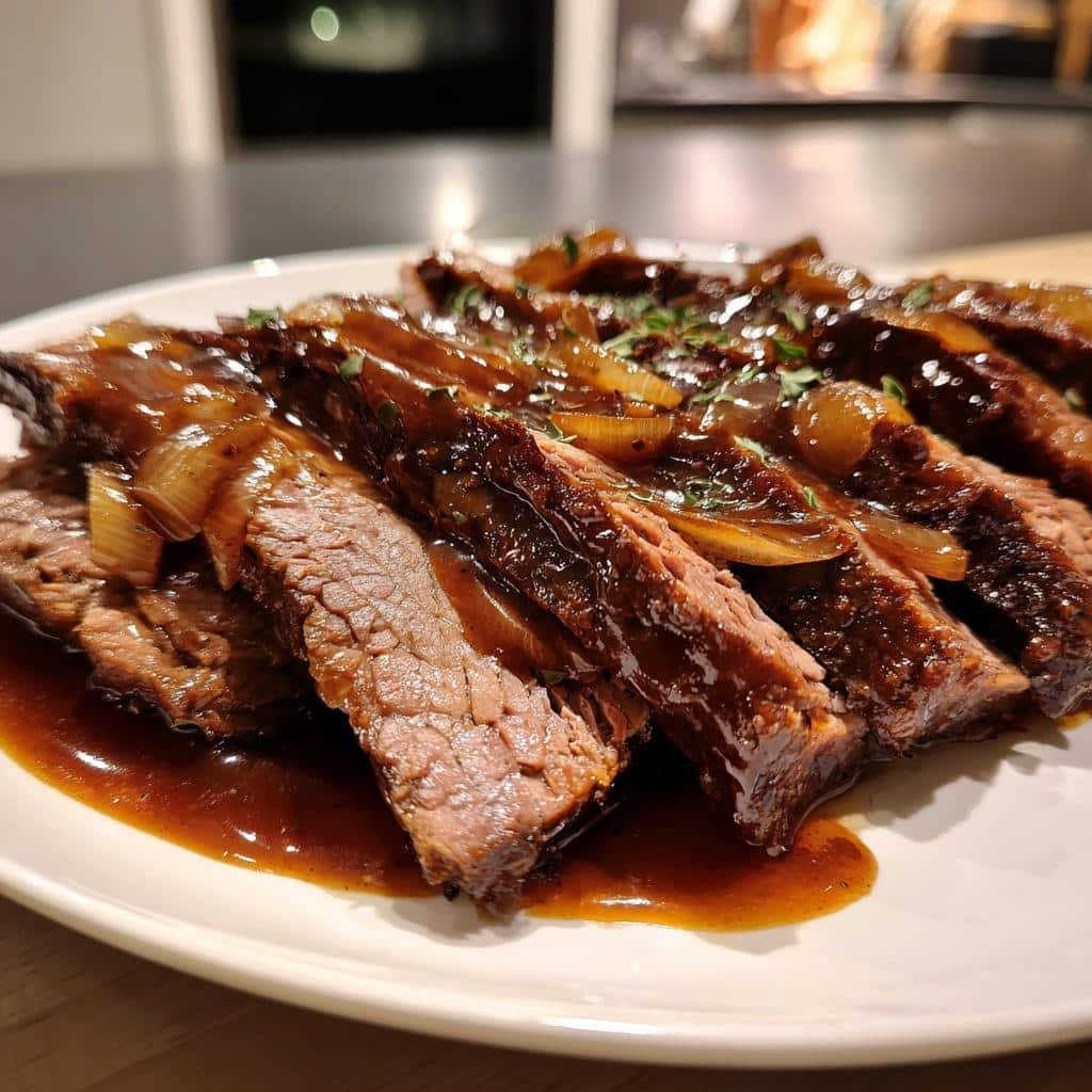 slow cooker brisket with balsamic onion gravy - detail 1